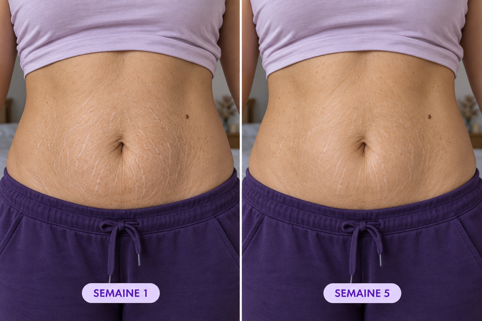 Comparaison de la peau du ventre, semaine 1 et semaine 5